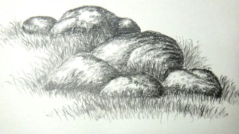 Draw Rocks, Grass Drawing, Drawing Rocks, Landscape Pencil Drawings, Draw Realistic, Pencil Drawing Tutorials, Mountain Drawing, Rock Textures, Texture Drawing