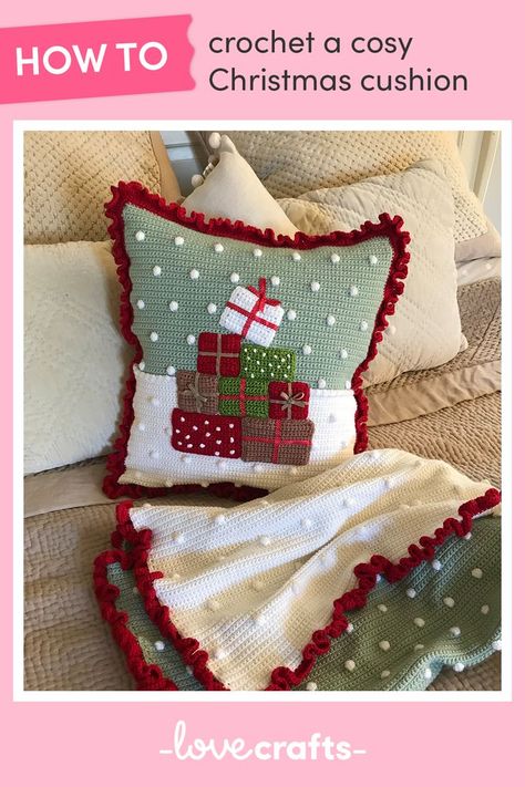 Crochet your very own Christmas cushion with this FREE tutorial by Kate Eastwood! Kate Eastwood Crochet, Christmas Crochet Cushion Patterns Free, Kate Eastwood Crochet Patterns, Free Crochet Christmas Pillow Patterns, Christmas Pillow Crochet Pattern, Crochet Christmas Cushion, Christmas Crochet Pillow Patterns Free, Christmas Crochet Pillows Free Patterns, Crochet Christmas Pillows Free Patterns