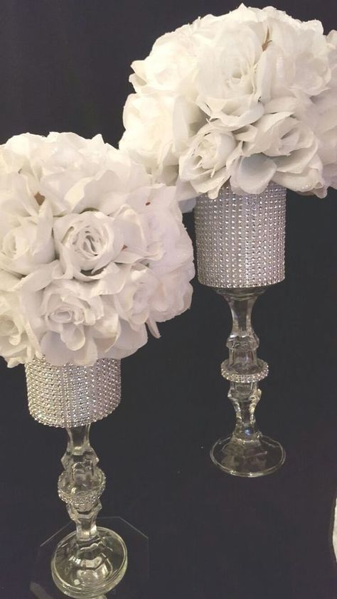 * DIY - using $ Store candle holders glued on top of each other at the candleholder part, then glue a glass cylinder on top. Take Rhinestone-like fabric (Jo-Ann's?) onto appropriate connections and around top of cylinder - then add your favorite real or artificial flowers for a spectacular party or wedding centerpiece/display, etc. - RGS - 2016                                 found on Ebay listing - US $37.98 New in Home & Garden, Wedding Supplies, Centerp Bling Stuff, Rose Bears, Diy Bling, Deco Champetre, Wedding Centrepieces, Tafel Decor, Quinceanera Ideas, Rose Centerpieces, Wedding Event Decor