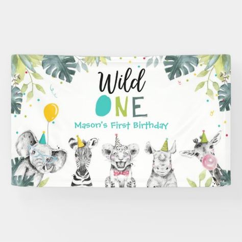 $49.95 | Party Animals Safari Boy Wild One First Birthday Banner #partyanimals #safarianimals #backdropbanner #safaribanner #safariwelcomesign #monochromeanimals #boybirthday #firstbirthday #wildone #firstbirthdaybanner Animal Party Invitations, Third Birthday Girl, Young Wild And Three, Jungle Animals Party, Safari Animals Birthday, Animal Birthday Invitation, Wild One Birthday Invitations, Two Wild, 21st Birthday Invitations