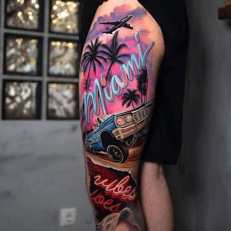 Florida Tattoo Ideas For Men, Florida Themed Tattoos, Florida Inspired Tattoo, Miami Tattoo Ideas, Apprentice Tattoos, Lowrider Tattoo, Hop Tattoo, Florida Tattoo, Hard Tattoos