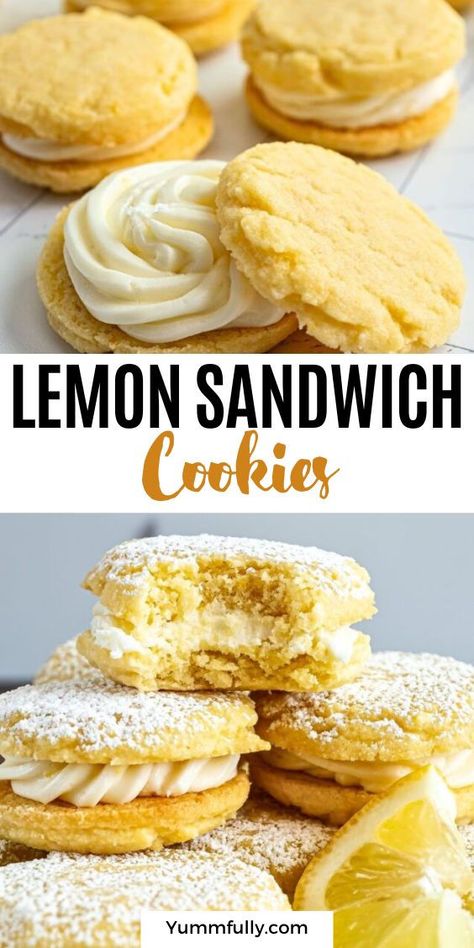 A creamy, sweet, and tart lemon-flavored filling is sandwiched between two crumbly sugar cookies to make the perfect dessert. These little bites of sweet heaven, also known as Polish tea cookies, are the perfect ending to any meal or treat to have with a cup of coffee any time of the day. Lemon sandwich cookies are my all-time favorites! Lemon Sandwich Cookies, Lemon Sandwich, Lemon Bar Cookies, Cookies To Make, Lemon Cookies Recipes, Citrus Recipes, Food Cookies, Boozy Desserts, Sweet Ideas