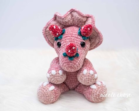 Strawberry Tanner - Free Pattern Modification - Amigurumi Crochet Patterns by Nicole Chase Strawberry Dinosaur, Tanner The Triceratops, Triceratops Crochet Pattern, Nicole Chase, Free Crochet Patterns For Beginners, Crochet Patterns Free Beginner, Crochet Inspo, Dinosaur Pattern, Cute Strawberry