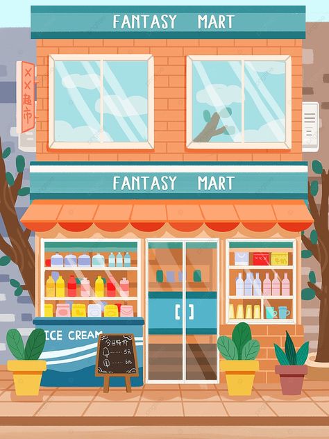 flat wind supermarket convenience store appearance illustration Convenience Store Illustration, Store Illustration, Store Entrance, Friends Ideas, Ad Illustration, Illustration Flat, Art Friend, Puppet Show, Illustration Background