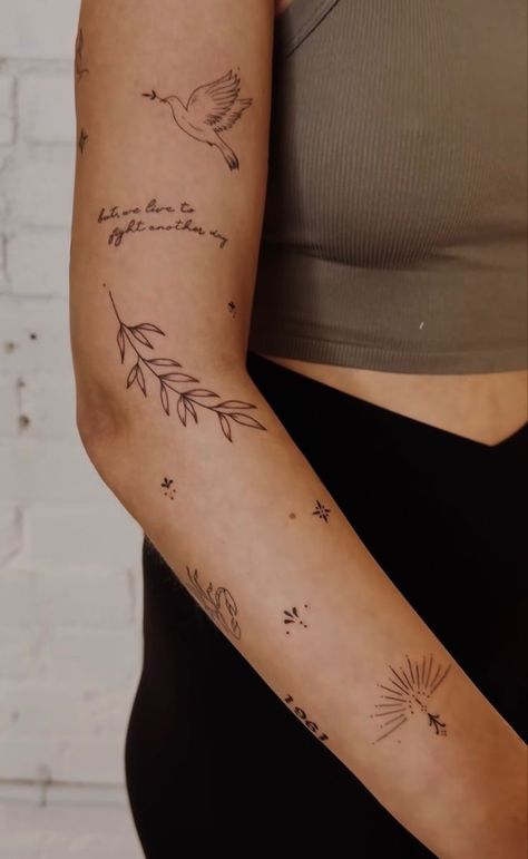 Sleeve Small Tattoos For Women, Nature Sticker Sleeve Tattoo, Woman’s Patchwork Sleeve Tattoo, Tattoo Ideas Sticker Sleeve, Arm With Small Tattoos, Patches Tattoo Design Women, Women’s Sticker Sleeve, Scatter Tattoo Sleeve Women, Feminine Sticker Sleeve