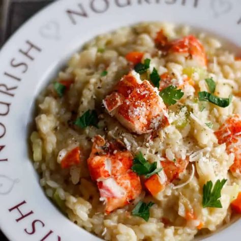 Easy and Decadent Lobster Risotto - Explore Cook Eat Seafood Delight Recipe, Seafood Delight, Lobster Risotto, Asparagus Risotto, Dinner Party Dishes, Tomato Risotto, Lobster Dishes, Fancy Dinner Party, How To Cook Lobster