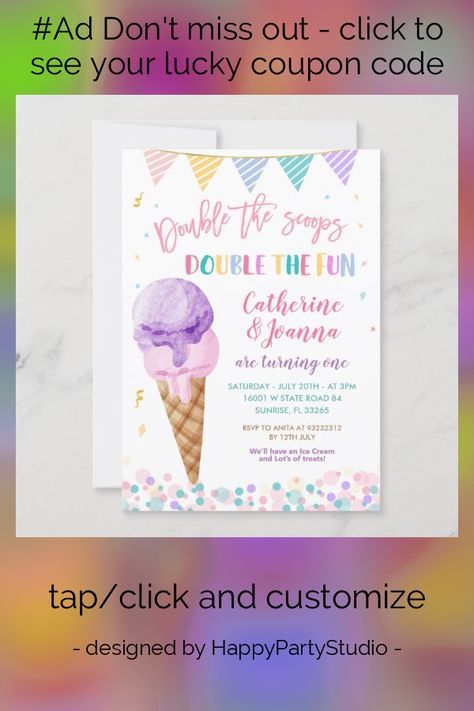 Double the Scoops Twin Birthday Ice Cream Colorful Invitation - tap to personalize and get yours #Invitation #summer #party, #tropical #ice #cream, Three Scoops Of Fun, Tropical Ice Cream, Sweet One Birthday, Birthday Ice Cream, Colorful Ice Cream, 3rd Birthday Party, Colorful Invitations, Girl Birthday Themes, Ice Cream Birthday