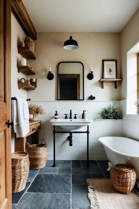 Explore 22 charming farmhouse bathroom styles featuring cozy designs, rustic charm, and practical elements in just one image. Perfect for inspiration for your next renovation! Grey Cement Tile Bathroom, Blue And White Farmhouse Bathroom, Cool Tone Bathroom Ideas, Cottage Bathroom Ideas Farmhouse, Vintage Bathroom Colors, Bathroom Layout Square, Small Full Bathroom Ideas Farmhouse, Bathrooms With Shiplap, Farmhouse Bathroom Colors Scheme