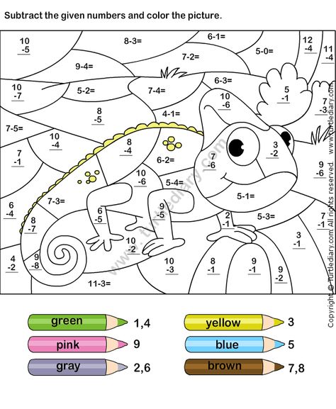 Turtle Diary: website with TONS of worksheets for Math, Science, Reading Disney Math Worksheets, Addition Color By Number Free, Colour By Addition, Subtraction Coloring Worksheets, Color By Number Subtraction, Subtraction Color By Number, Kindergarten Subtraction, Coloring Worksheets For Kindergarten, Subtraction Kindergarten