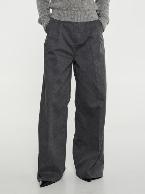 These anthracite melange pants are made from a wool cotton blend, featuring front pleats and a high-waisted wide-leg design. Completed with a Margiela hook closure, belt loops, and the brand's signature Four stitches at the back. Winter Wishlist, Grey Trousers, Pleated Trousers, Dream Style, Leg Design, Wool Pants, Classic Shoes, Pant Shirt, Shirt Skirt