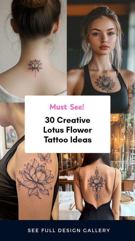 A collection of 4 lotus flower tattoo designs featuring artistic representations and symbols of beauty and rebirth. Lotus Tattoo Placement Ideas, Simple Lotus Flower Tattoo Design, Unique Lotus Flower Tattoo, Thai Art Tattoo, Symmetrical Flower Tattoo, Buddha Lotus Tattoo, Lotus Flower Tattoo Ideas, Black Lotus Tattoo, Lotus Flower Tattoos