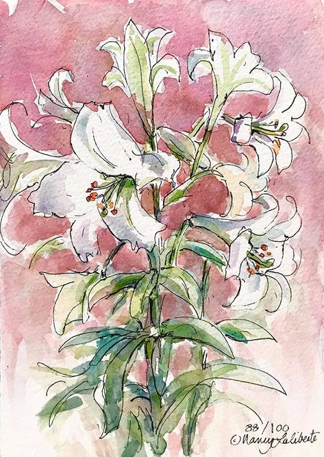 Lilly Watercolor Painting, Watercolor And Pen Art Flowers, Watercolor Waterlilies, Art Sketches Watercolor, Watercolor Lilies, Watercolor Lily, Lily Watercolor, Aesthetic Watercolor, Sketchbook Watercolor