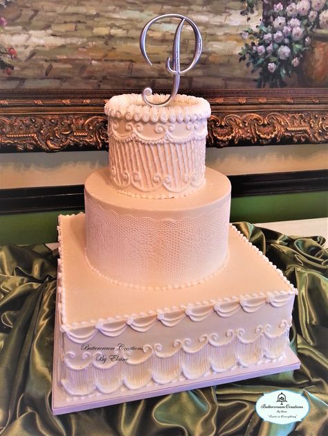 Buttercream on Round and Square Wedding Cake with String Work and Lace Square Buttercream Cake, Square Wedding Cake, Square Wedding Cakes, Buttercream Cakes, Three Tier, Buttercream Cake, Wedding Cake, Butter Cream, Wedding Cakes