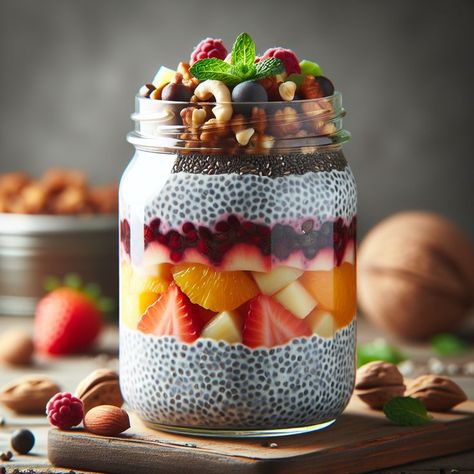 🥄 "Chia Seed Pudding Parfait - Superfood Dessert in a Jar" Chia Seed Pudding Parfait, Keto Milk, Healthy Parfait, Romantic Breakfast, Pudding Parfait, Granola Breakfast, Dessert In A Jar, Chia Seed Pudding, Unsweetened Almond Milk