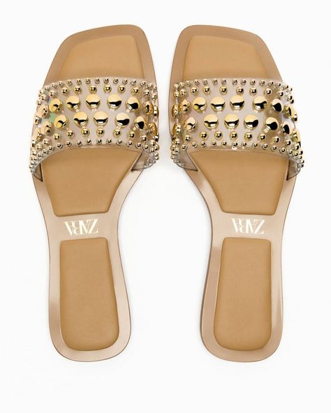 STUDDED VINYL FLAT SANDALS Flat vinyl sandals with studs. Price: 2,500 Sizes: 38-40 Pretty Sandals, Studded Flats, Sandals Flat, Studded Sandals, Crazy Shoes, Comfortable Sandals, Shoe Obsession, R A, Flat Sandals