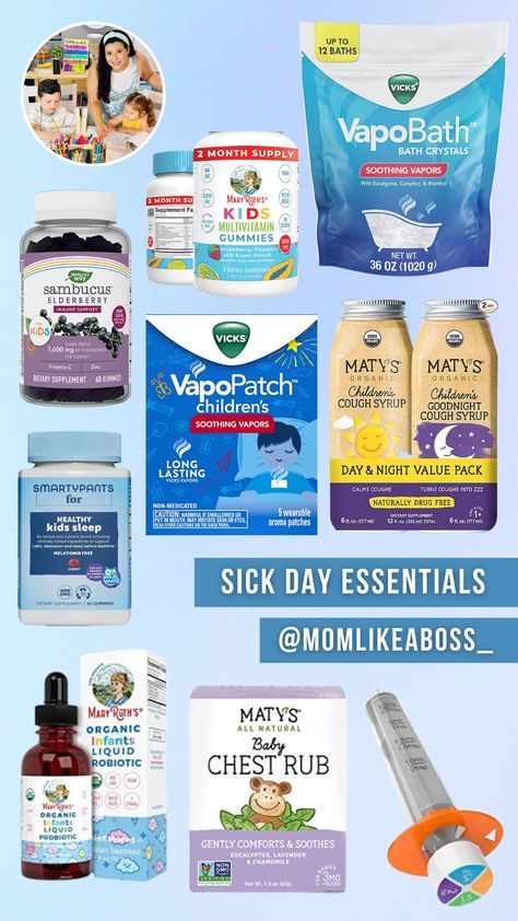 Must-have Sick Day Supplies | Momlikeaboss Sick Day Checklist, Sick Supplies, Sick Kit, Baby Bath Caddy, Sick Hacks, Sick Day Essentials, Toddler Cold, Childrens Cough, Sleep Gummies