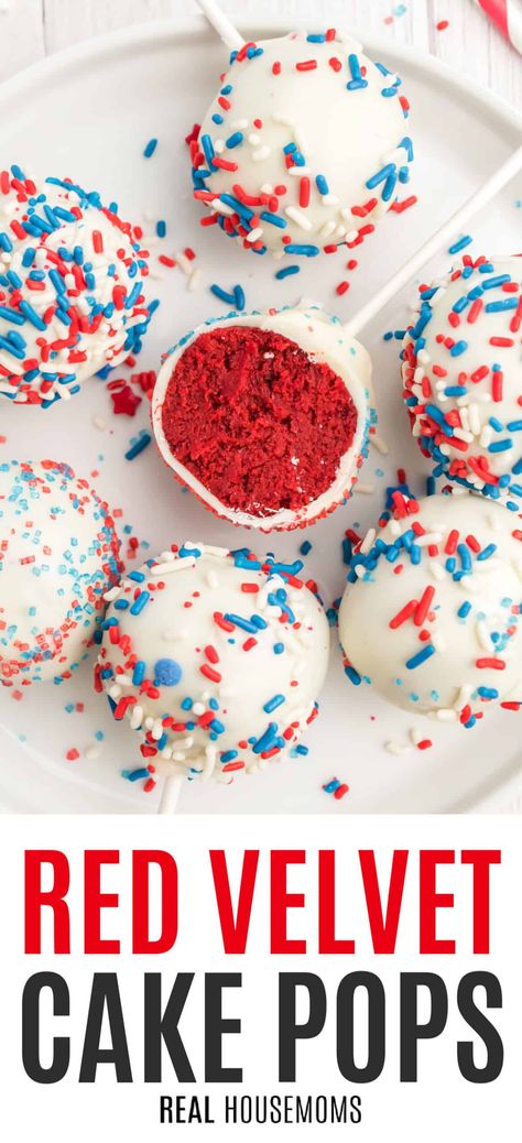 Red Velvet Cake Pops are lollipop-shaped treats filled with everyone's favorite frosted red velvet cake flavors and so fun to make! #Realhousemoms #redvelvet #cakepops #cake #dessert #lollipop #mothersday #4thofjuly #memorialday #cookout #potluck Fourth Of July Cake Pops, 4th Of July Cake Pops, Patriotic Cake Pops, Spy Cake, Fourth Of July Cake, Red White And Blue Cake, Cake Pop Flavors, Blue Cake Pops, Red Velvet Cake Pops