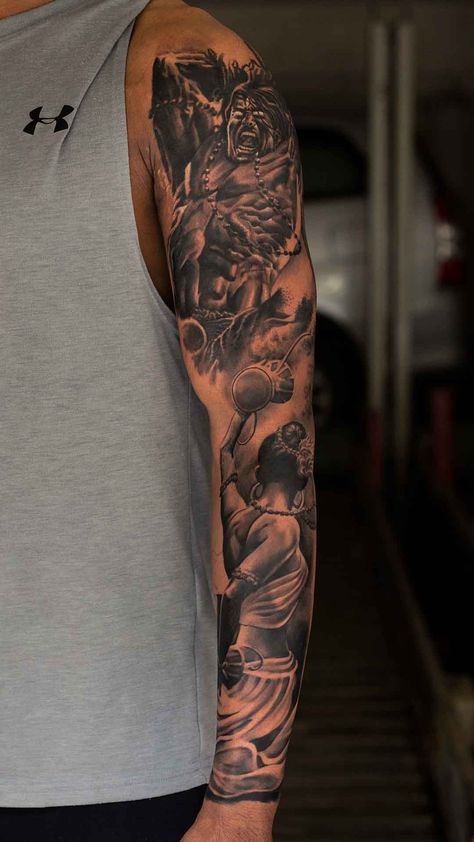 Mahadev Full Sleeve Tattoo, Shiva Sleeve Tattoos For Guys, Shiva Tattoo Full Sleeve, Forearm Shiva Tattoo Men, Indra God Tattoo, Rudra Shiva Tattoo, Lord Krishna Tattoo Design For Men, Shiva Arm Tattoo, Shiva Sleeve Tattoo