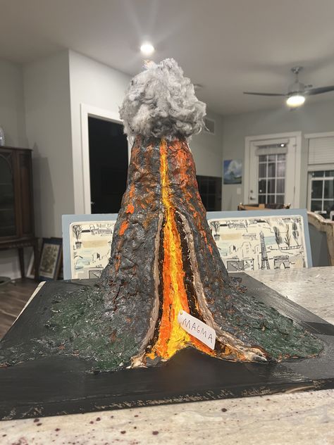 Volcano project Volcano Project Ideas, 3d Volcano Project, School Volcano Project, Volcano Model Project, Volcano Diaroma, Diy Volcano Decoration, Volcano Project, Volcano Diorama, Science Fair Projects Volcanos