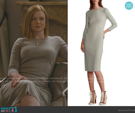 Succession Outfit Shiv, Shiv Style Succession, Shiv Succession, Succession Style, Liz Lee, Shiv Roy, Sarah Snook, Gray Long Sleeve, Sleeve Midi Dress