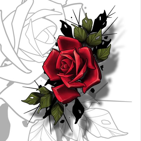 Neo Traditional Rose Tattoo Design, Neo Trad Rose, Red Rose Tattoo Design, Rose Cover Up Tattoo, Red Rose Drawing, Neo Traditional Roses, Ink Tattoo Design, Red Tattoo Ideas, Lion Art Tattoo