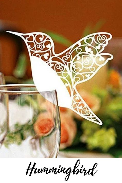 Pack of 50 Laser cut ivory Hummingbird Name Place Cards for Wine Glass. (Affiliated Link). #wedding #wedding stationary # table names # laser cut # Bride # wedding guests # wedding tables # Xmas Invitations, Table Number Place Cards, Place Card Table Wedding, Wedding Party Table Decorations, Custom Wine Glass, Wedding Table Names, Bird Wedding, Name Place Cards, Wedding Name