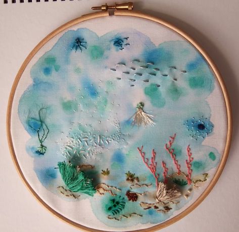 My fourth project. Embroidery and Watercolor | Domestika Watercolor Embroidery, Nautical Embroidery, Basic Hand Embroidery Stitches, Craft Photography, Embroidered Art, Hand Embroidery Projects, Watercolor Paintings Tutorials, Paint Background, Hand Embroidery Art