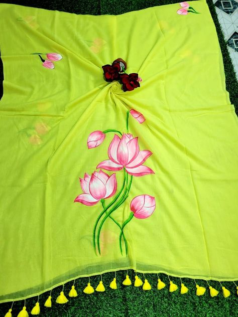 120count buttery soft pure mul mul cotton hand-painted lotus saree Lotus Saree, Painting On Blouse, Lotus Flower Painting, Fabric Paint Diy, Lotus Painting, Saree Painting, Fabric Painting On Clothes, Khadi Saree, Painted Fabric