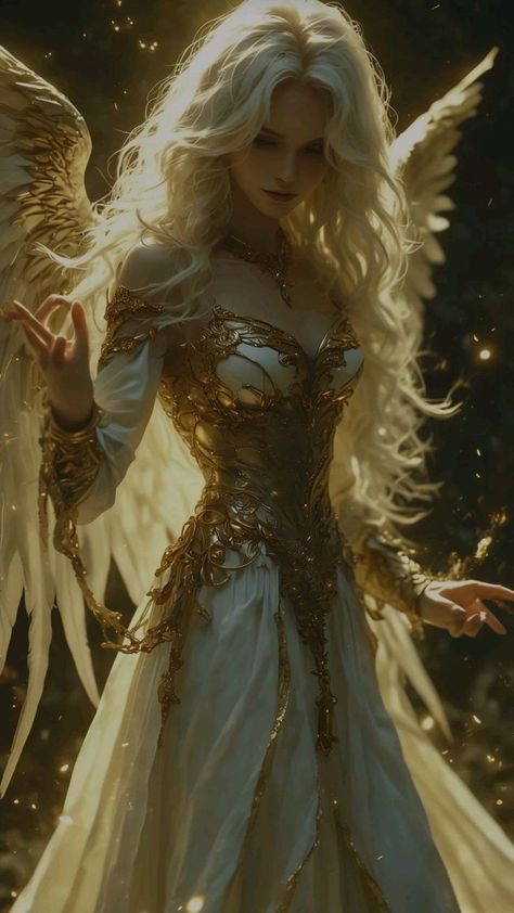 White And Gold Armor Female, Angel Astethic, Blonde Fairy, Blonde Hair For Hazel Eyes, Blonde Goddess, Female Angel, Angel Flying, Golden Wreath, Goddess Aesthetic