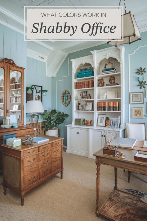 Soft pastels, muted blues, and creamy neutrals set the tone for a chic home office. 🎨💐 Incorporate floral prints, antique finishes, and cozy textures for a cottage-style vibe. Add earthy tones or light greens for a fresh twist. 🌸🕰️ This blend is perfect for women’s innovative office ideas or a feminine library space! 🌿✨ #OfficeRoomForWomen #FeminineLibrary #FeminineHomeOfficeClassy #HomeOfficeSetup #FeminineOfficeSpace #CozyHomeOffice #HomeOfficeBohoChic #VintageOfficeAesthetic #homeoffice Vintage Cottage Office, Feminine Library, Home Office Feminine, Feminine Home Office Classy, Shabby Chic Color Palette, Feminine Office Space, Office Feminine, Chic Decor Diy, Cottage Office