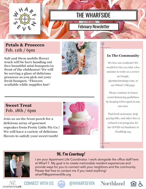 Welcome to the month of February and some great things we have planned for our valued residents! #itsawonderfulwharf #aptlife #lovewhereyoulive #saltstem_chs #petalsandprosecco #lifeoftheparty #diliving #weloveourresidents #prettylittlepieco #Charleston February Events For Residents, February Resident Events, February Resident Event Ideas, Resident Events Ideas Apartments, Retention Strategies, Resident Retention, Resident Events, Community Ideas, Apartment Marketing