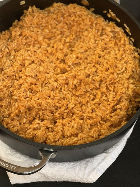 Mexican rice made with brown rice Rice Recipes For Tacos, Whole Grain Brown Rice Recipes, Brown Rice Mexican Rice, Brown Rice Meal Ideas, Mexican Rice With Brown Rice, Mexican Brown Rice Recipes, Spanish Rice With Brown Rice, Qdoba Rice Recipe, Long Grain Brown Rice Recipes