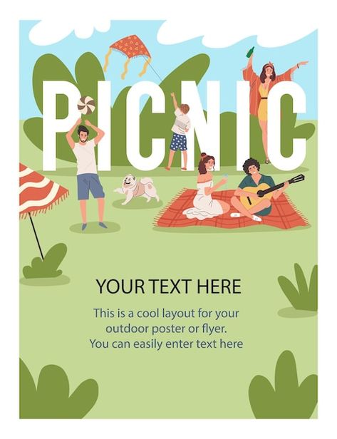 Vector a poster or a flyer for a picnic ... | Premium Vector #Freepik #vector #summer-kids #beach-flyer #man-beach #friends-beach Picnic Poster, Relax In Nature, Dance Vector, Friends Poster, Dog Vector, Nature Play, Lettering Style, Architecture Old, Color Vector