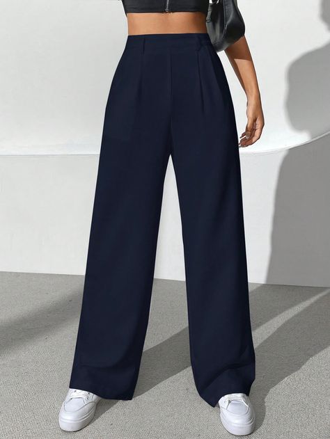 Plain Casual Straight-Leg Trousers For Daily/Work Wear Navy Blue Casual   Fabric Plain Straight Leg Non-Stretch  Women Clothing, size features are:Bust: ,Length: ,Sleeve Length: Navy Blue Trousers Women, Jeans Trousers Women, Halter Neck Blouses, Blue Trousers, Straight Leg Trousers, Petite Women, Inspiration Mode, Maternity Bag, Straight Leg Pants