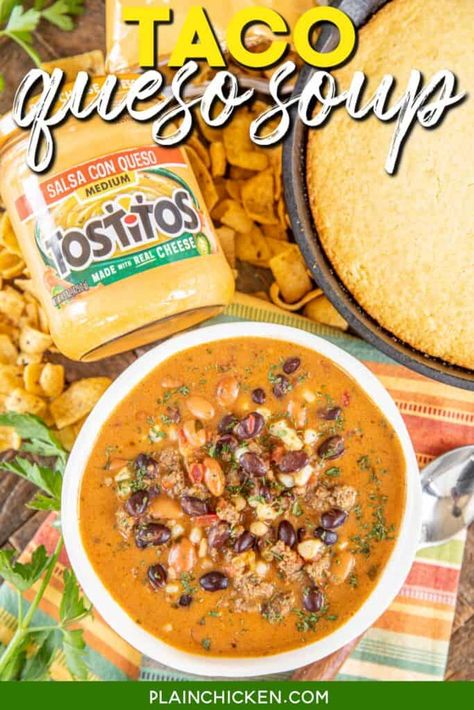 Taco Queso Soup - Plain Chicken Queso Soup, Salsa Beef, Mexican Queso, Mexican Chopped Salad, Rotel Recipes, Quick Soup Recipes, Easy Taco Soup, Quick Soup, Leftovers Soup