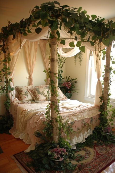 Canopy Bed With Vines, Enchanted Bedroom Ideas, Twin Canopy Bed, Canopy Bed Ideas, Forest Room, Canopy Bed Diy, Dream Bedroom Inspiration, Casa Vintage, Romantic Bedroom