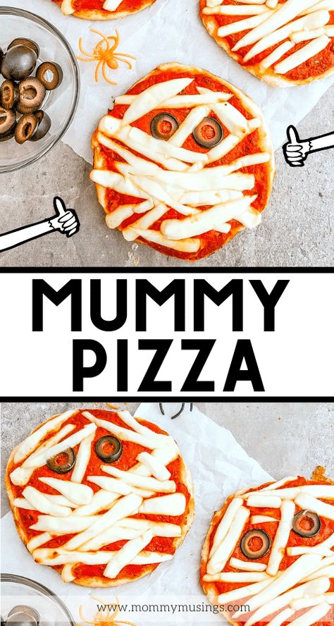 Halloween pizza Halloween Pizza Recipes, Halloween Edible Crafts, Pizza Halloween, Mummy Pizza, Halloween Fingerfood, Plat Halloween, Pasteles Halloween, Halloween Pizza, Easy Halloween Snacks