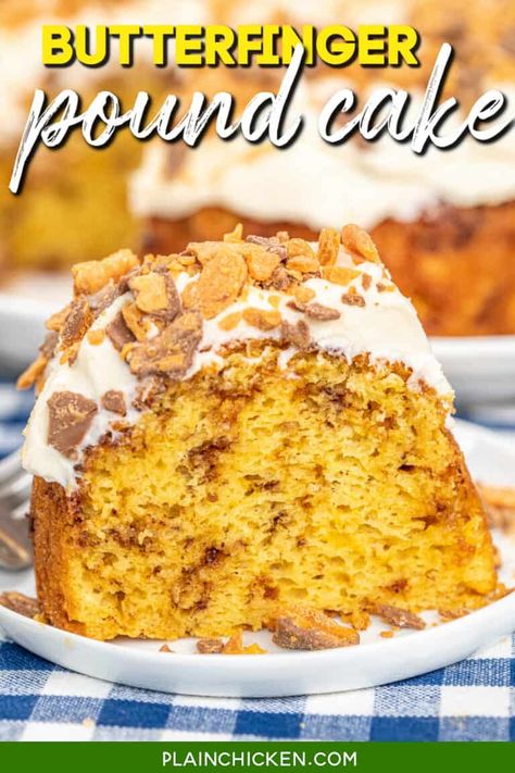 Butterfinger Pound Cake - Plain Chicken Cruise Cake, Cake Poke, Southern Pound Cake, Butterfinger Candy, Pumpkin Crunch, Lemon Pound Cake Recipe, Cola Cake, Dump Cakes, Sour Cream Pound Cake