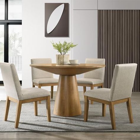 WILLIAMSPACE 47" Round Dining Table for 4 to 6, Modern Solid Wood Kitchen Table with Cone Wood Pedestal Base, Circle Dining Room Table Circular Farmhouse Table for Living Room Furniture (Natural) Circle Dining Room Table, Solid Wood Kitchen Table, Wood Pedestal, Farmhouse Furniture, Farmhouse Table, Round Dining Table, Living Room Table, Dining Room Table, Room Inspo