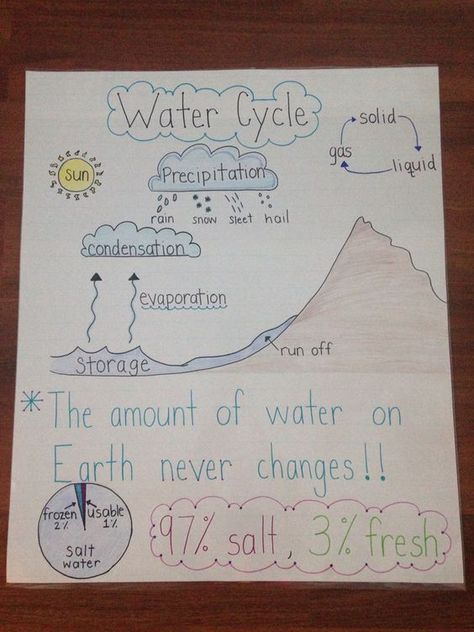 Water cycle anchor chart: Water Cycle Anchor Chart 2nd Grade, Water Cycle 3rd Grade, Water Cycle Anchor Chart, Rain Cycle, Science Anchor Charts, 4th Grade Science, 6th Grade Science, Science Lesson Plans, 5th Grade Science