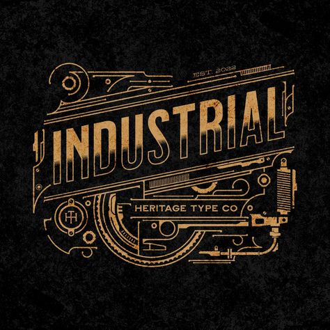 Steampunk Logo Design, Industrial Logo Design Ideas, Industrial Engineering Logo, Steampunk Lettering, Mechanical Logo Design, Industrial Revolution Aesthetic, Industrial Typography, Mechanical Logo, Industrial Graphic Design