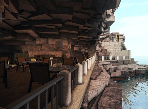 Bloxburg Cliffside House, Bloxburg Hotel Interior, Bloxburg Terrain, Faulty Bloxburg, Bloxburg Lobby Ideas, Italian Cliffside, Build Ideas Bloxburg, Bloxburg Hotel Exterior, Mountain House Bloxburg