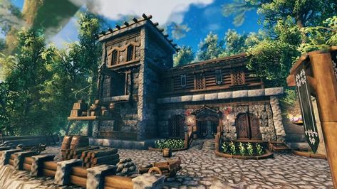 Valheim Stone House, Valheim Fireplace, Valhiem House Ideas, Valheim Storage, Valheim House Ideas, Werewolf Base, Valheim Castle, Valheim Builds, Ark Survival Evolved Bases