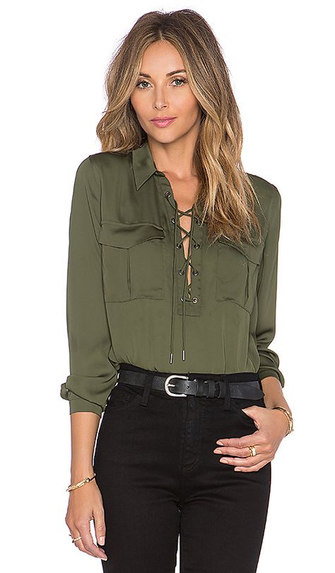 Fashion bloggers' new favourite blouses? By L'Academie - LaiaMagazine Office Shirts, Cutout Shirts, Ladies Office, Pocket Blouse, Laced Up Shirt, The Office Shirts, Lace Top Long Sleeve, Designer Tops, Green Shirt