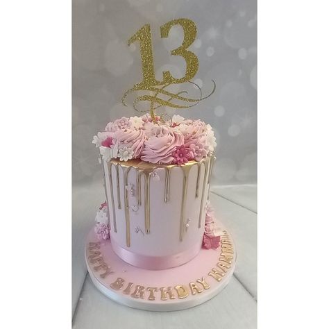 Gold Drip Birthday Cake, Pink And Gold Drip Cake, Cake With Buttercream Roses, Gold Drip Cake, Birthday Drip Cake, 9th Birthday Cake, 13 Birthday Cake, 13 Birthday, Cake With Buttercream