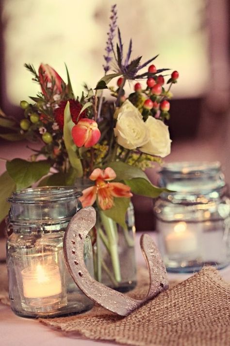 Candles And Flowers, Wedding Horseshoes, Rustic Farm Wedding, Country Wedding Decorations, Mason Jar Centerpieces, Nashville Wedding, Western Wedding, Here Comes The Bride, Farm Wedding