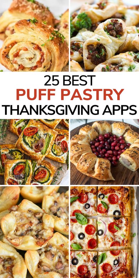 Buttery puff pastry dough is the perfect ingredient to make easy appetizers for the holiday season! These 25 Thanksgiving puff pastry appetizer recipes use simple ingredients to make impressive yet easy appetizers for holiday parties or game day gatherings. Thanksgiving Pastry Ideas, Easy Recipes Using Frozen Puff Pastry, Baked Puff Pastry, Pie Dough Appetizers, Appetizer Recipes With Puff Pastry, Puff Pastry Brie Appetizers, Pumpkin Twists Puff Pastry, Impressive Thanksgiving Recipes, Puff Pastry Sheets Recipes