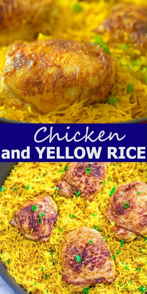 This Chicken and Yellow Rice Skillet truly is a restaurant-quality dinner that’s so quick to make and in just one skillet. The rice is fluffy and flavorful, and the chicken is wonderfully tender. You definitely want this in your belly. 🙂  FOLLOW Cooktoria for more deliciousness!   #chicken #rice #dinner #lunch #easyrecipe #comfortfood #fall #onepot #tasty #recipeoftheday Chicken Rice Dinner, Chicken And Yellow Rice, Yellow Rice Recipes, Scd Recipes, Rice Skillet, Healthy Pasta, Rice Dinner, Yellow Rice, Dinner Recipes Easy Quick