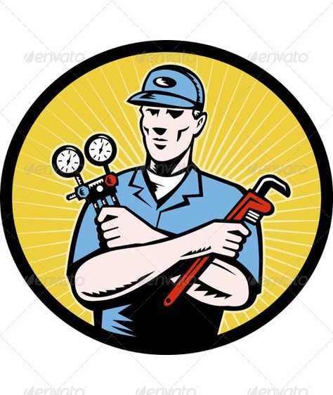 Service Technician With AC  Manifold Gage Wrench  #GraphicRiver         Vector illustration of a air condition technician holding an ac manifold gauge and wrench done in retro style.     Created: 4December11 GraphicsFilesIncluded: JPGImage #VectorEPS Layered: Yes MinimumAdobeCSVersion: CS Tags: ac #acmanifoldgauge #aircondition #gage #holding #illustration #mechanic #repairman #retro #serviceman #technician #vector #wrench Air Conditioning Logo, Hvac Tech, Refrigeration And Air Conditioning, Ac Repair Services, Air Conditioner Repair, Commercial Plumbing, Tech Logo, Air Conditioning Installation, Air Conditioning Repair