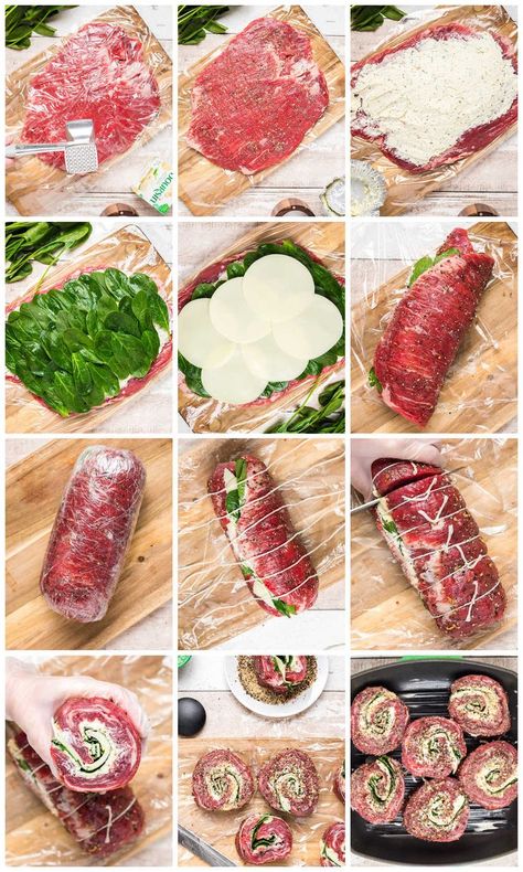 Stuffed Steak Recipes, Flank Steak Roll Ups, Meat Pinwheels, Gourmet Dinner Ideas, Butcher Design, Flank Steak Pinwheels, Flank Steak Rolls, Stuffed Steak, Steak Roll Ups